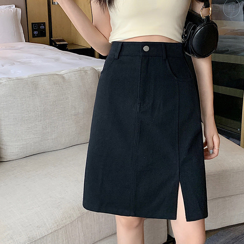 VILZSTUDIOS Chic high-waist denim skirt with front slit and pockets