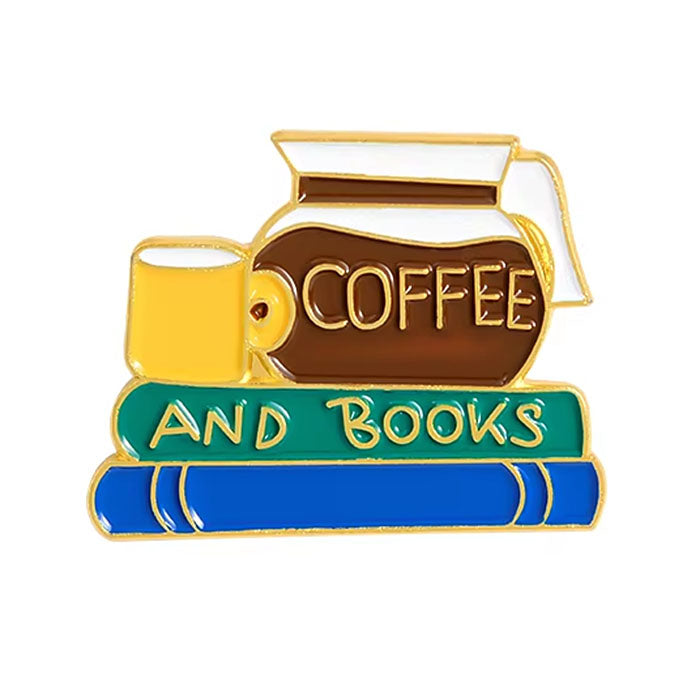 VILZSTUDIOS Enamel brooch pin featuring coffee and books design