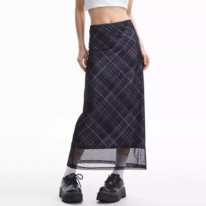 VILZSTUDIOS Chic plaid maxi skirt with mesh overlay