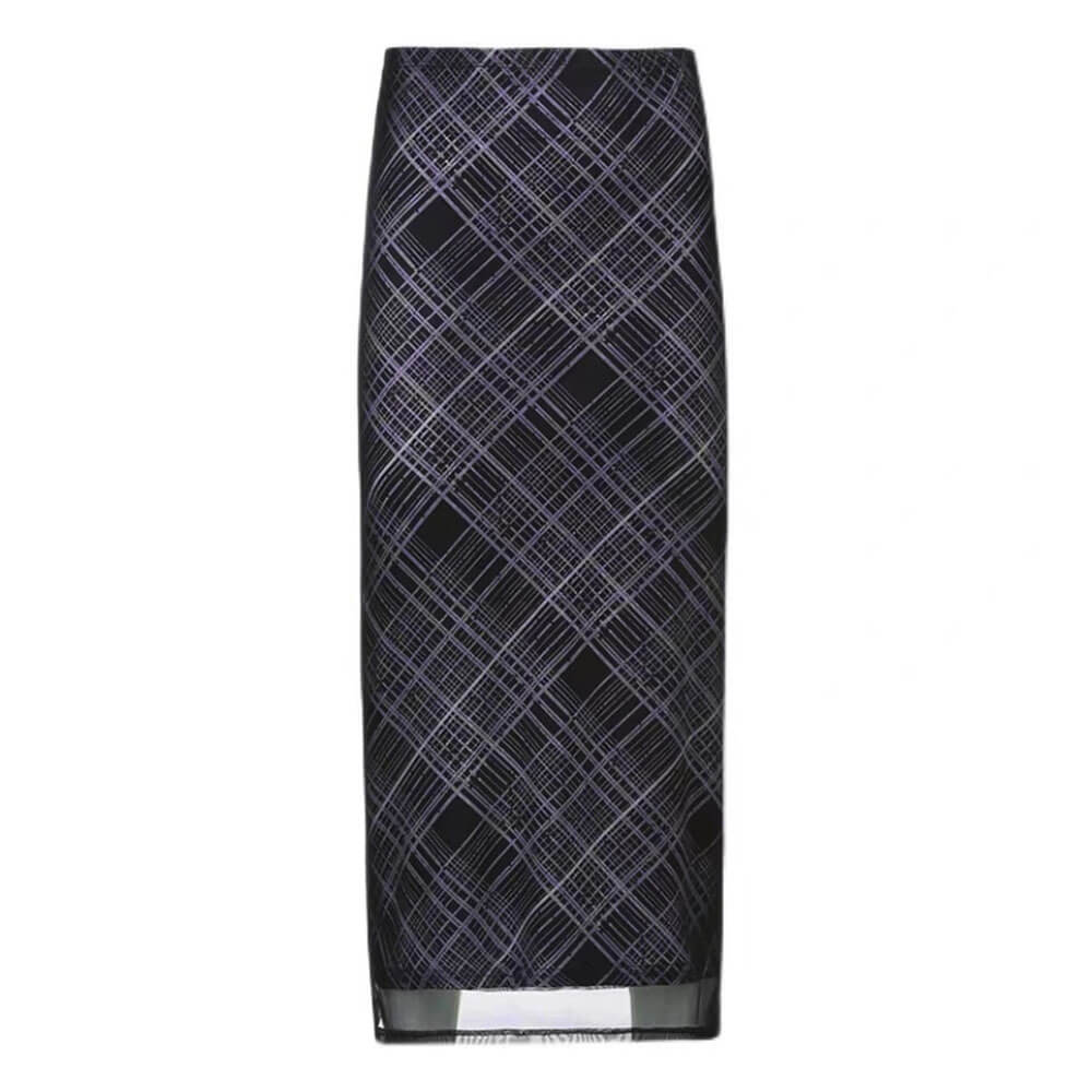 VILZSTUDIOS Chic plaid maxi skirt with mesh overlay