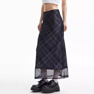 VILZSTUDIOS Chic plaid maxi skirt with mesh overlay