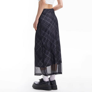 VILZSTUDIOS Chic plaid maxi skirt with mesh overlay
