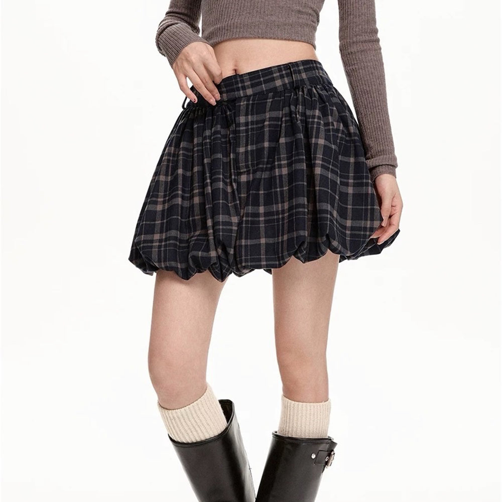 VILZSTUDIOS Chic plaid balloon mini skirt for women