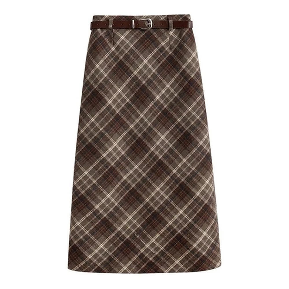 VILZSTUDIOS Chic plaid high-waisted midi skirt for women