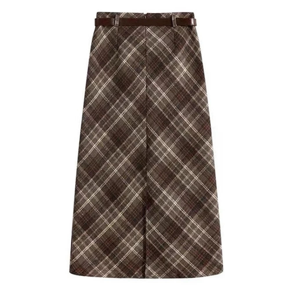 VILZSTUDIOS Chic plaid high-waisted midi skirt for women