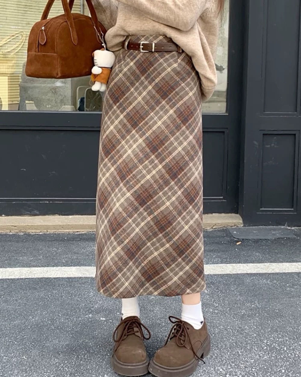 VILZSTUDIOS Chic plaid high-waisted midi skirt for women