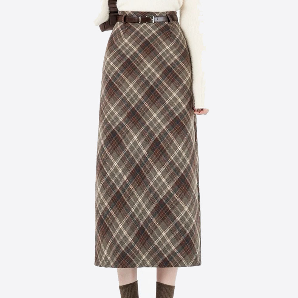 VILZSTUDIOS Chic plaid high-waisted midi skirt for women