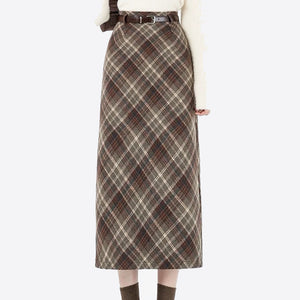 VILZSTUDIOS Chic plaid high-waisted midi skirt for women