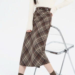 VILZSTUDIOS Chic plaid high-waisted midi skirt for women