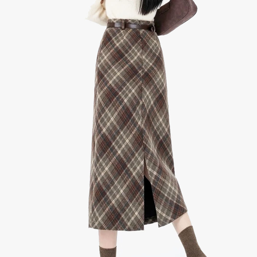 VILZSTUDIOS Chic plaid high-waisted midi skirt for women