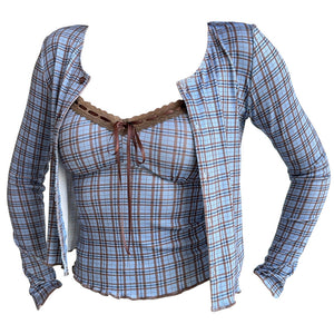 VILZSTUDIOS Chic plaid top and cardigan set for stylish layering