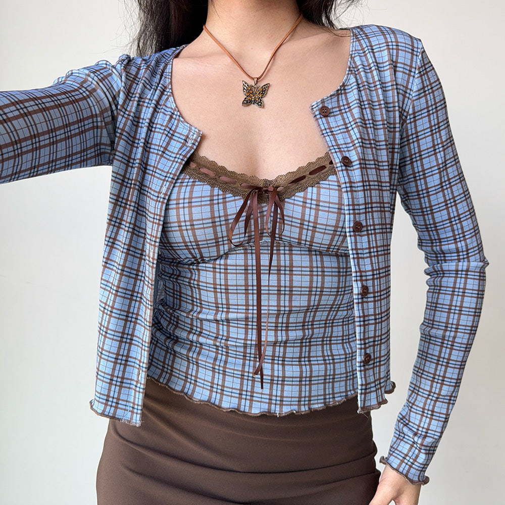 VILZSTUDIOS Chic plaid top and cardigan set for stylish layering