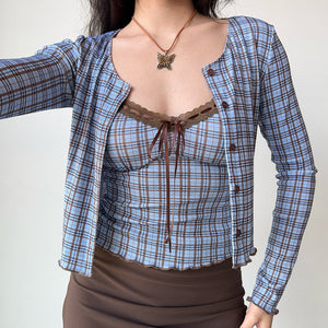 VILZSTUDIOS Chic plaid top and cardigan set for stylish layering