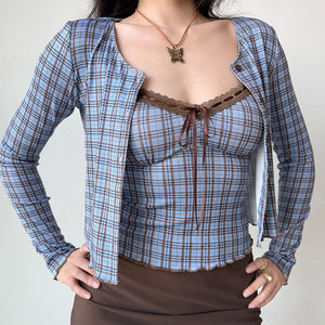 VILZSTUDIOS Chic plaid top and cardigan set for stylish layering