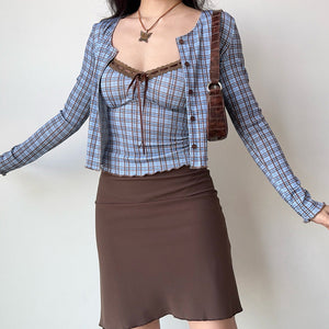 VILZSTUDIOS Chic plaid top and cardigan set for stylish layering