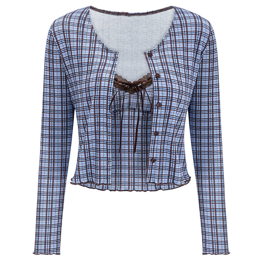 VILZSTUDIOS Chic plaid top and cardigan set for stylish layering