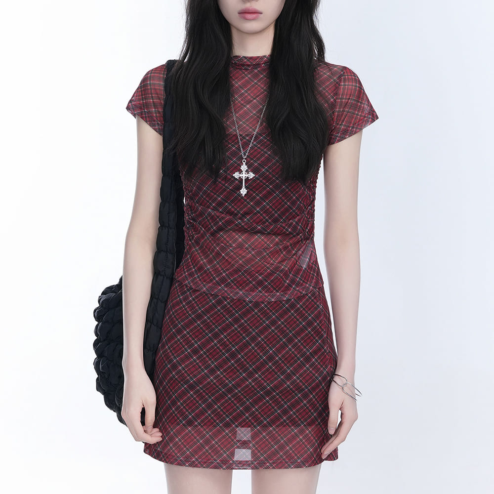 VILZSTUDIOS Chic plaid mesh top and mini skirt set