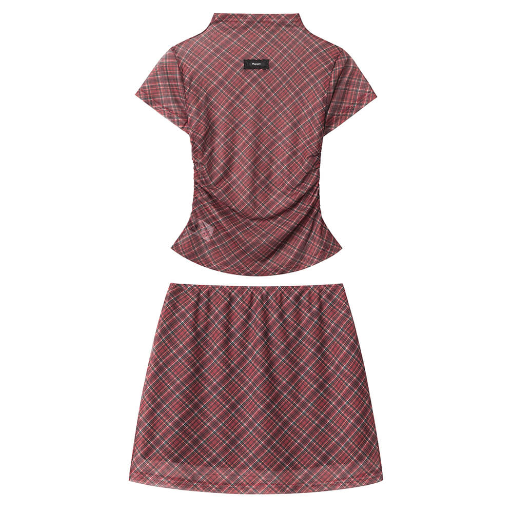 VILZSTUDIOS Chic plaid mesh top and mini skirt set