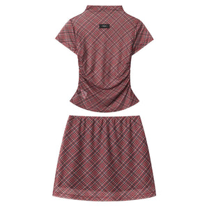 VILZSTUDIOS Chic plaid mesh top and mini skirt set