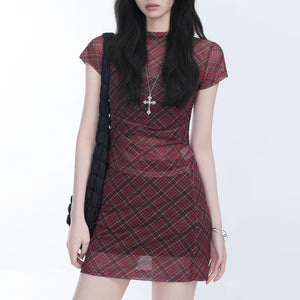 VILZSTUDIOS Chic plaid mesh top and mini skirt set