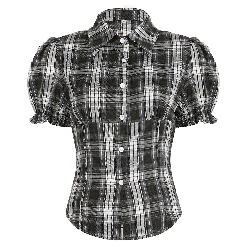 VILZSTUDIOS Plaid blouse with puff sleeves and button-up front