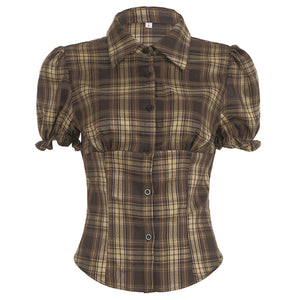 VILZSTUDIOS Plaid blouse with puff sleeves and button-up front