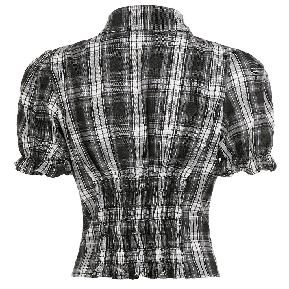 VILZSTUDIOS Plaid blouse with puff sleeves and button-up front
