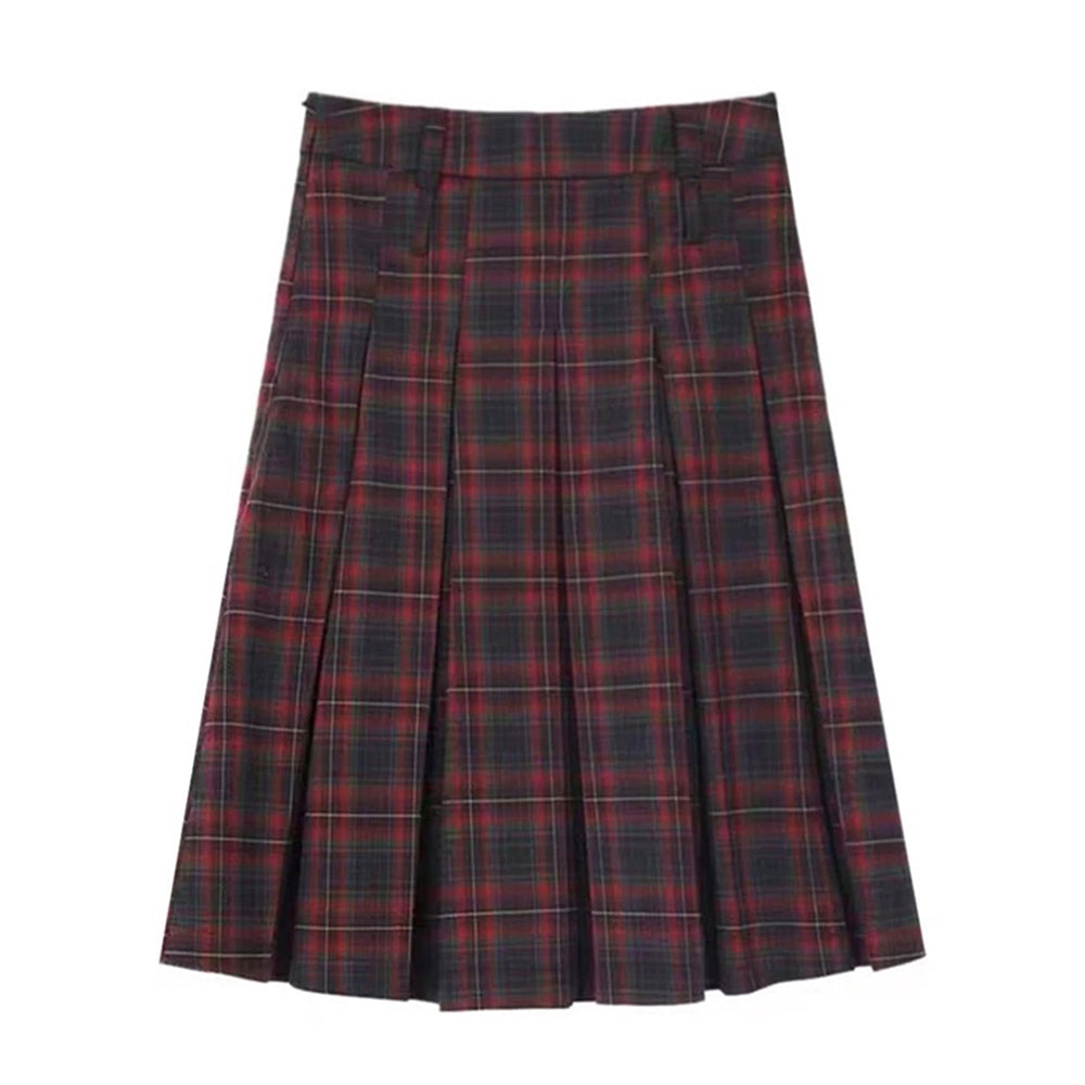 VILZSTUDIOS Red plaid pleated midi skirt from VILZSTUDIOS