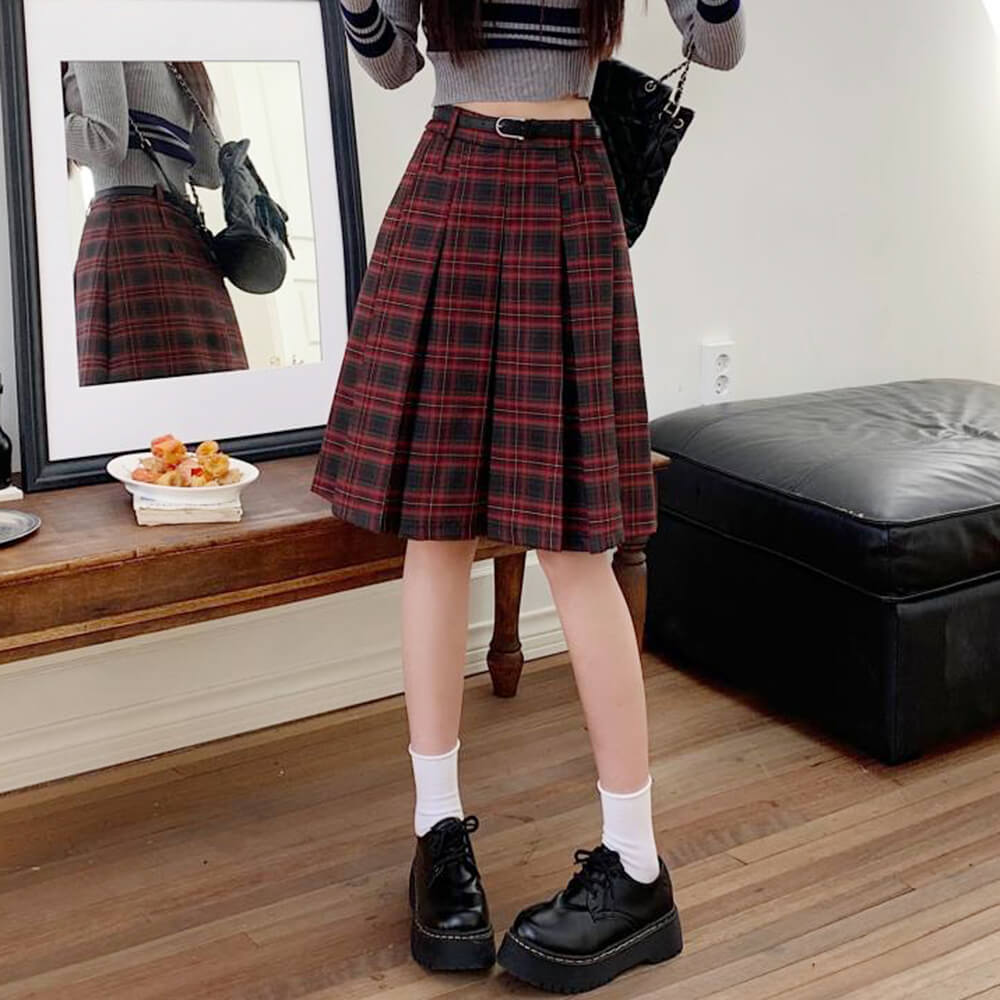 VILZSTUDIOS Red plaid pleated midi skirt from VILZSTUDIOS