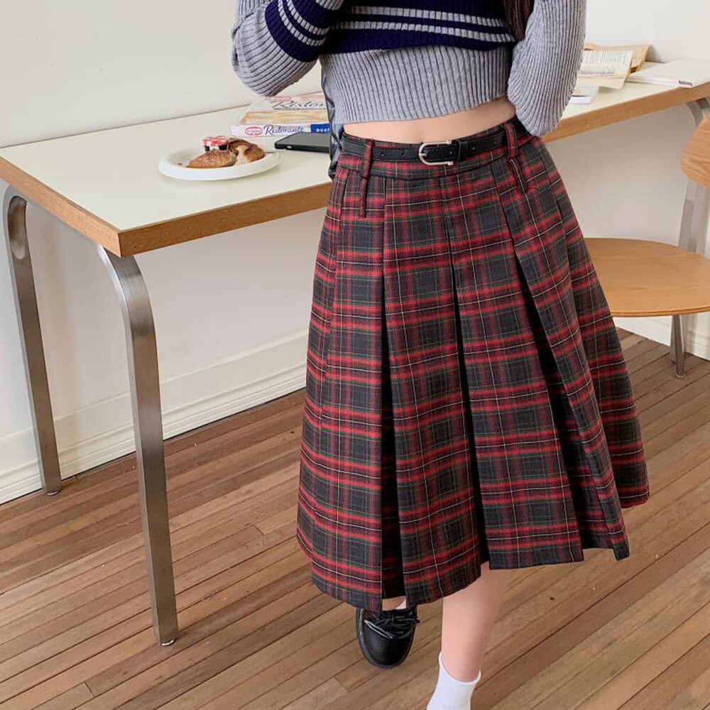VILZSTUDIOS Red plaid pleated midi skirt from VILZSTUDIOS