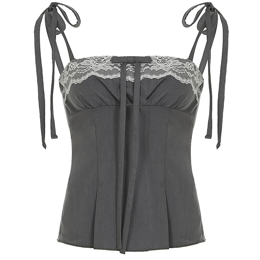 VILZSTUDIOS Stylish ruched bow tie top with lace details