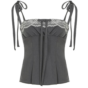 VILZSTUDIOS Stylish ruched bow tie top with lace details
