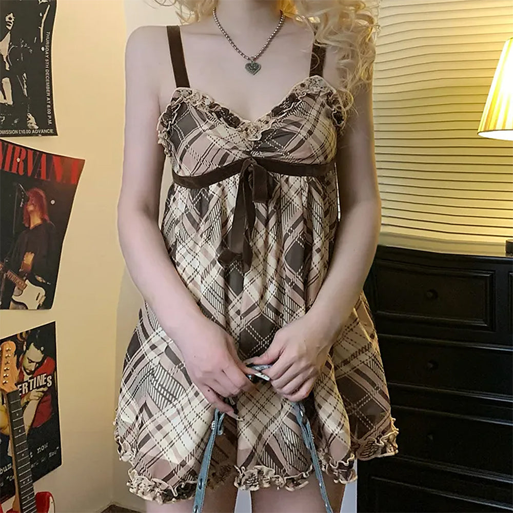 VILZSTUDIOS Plaid mini dress with ruffled lace trim and adjustable straps