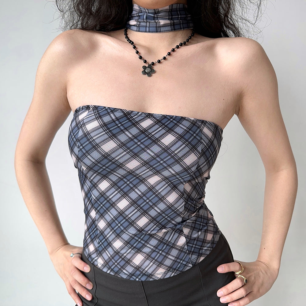 VILZSTUDIOS Stylish plaid top with scarf neck design