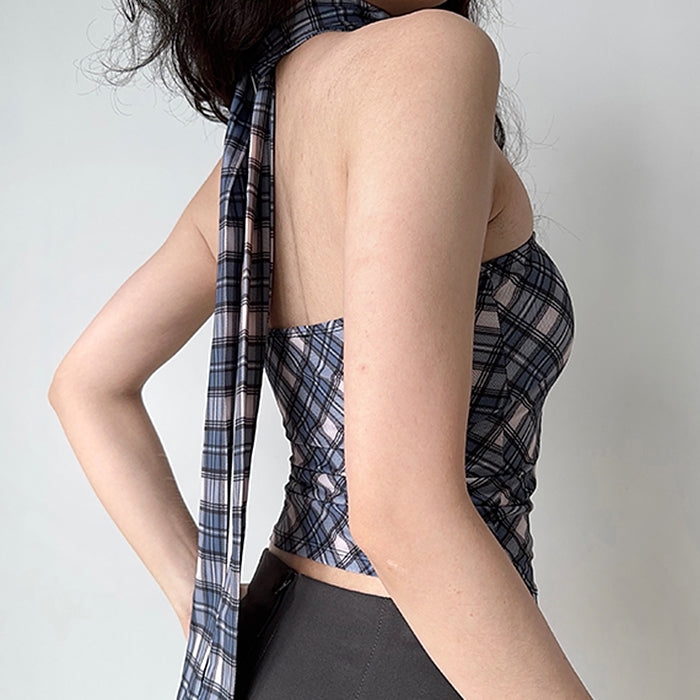 VILZSTUDIOS Stylish plaid top with scarf neck design