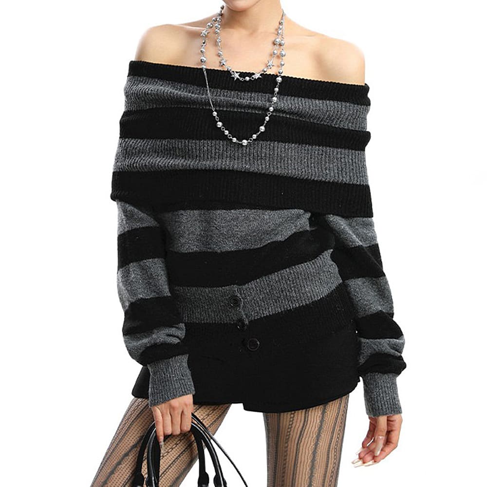 VILZSTUDIOS Chic off-shoulder knit top with stripes and button accents