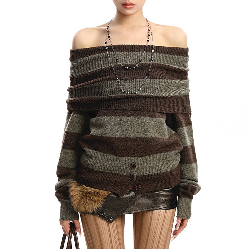 VILZSTUDIOS Chic off-shoulder knit top with stripes and button accents