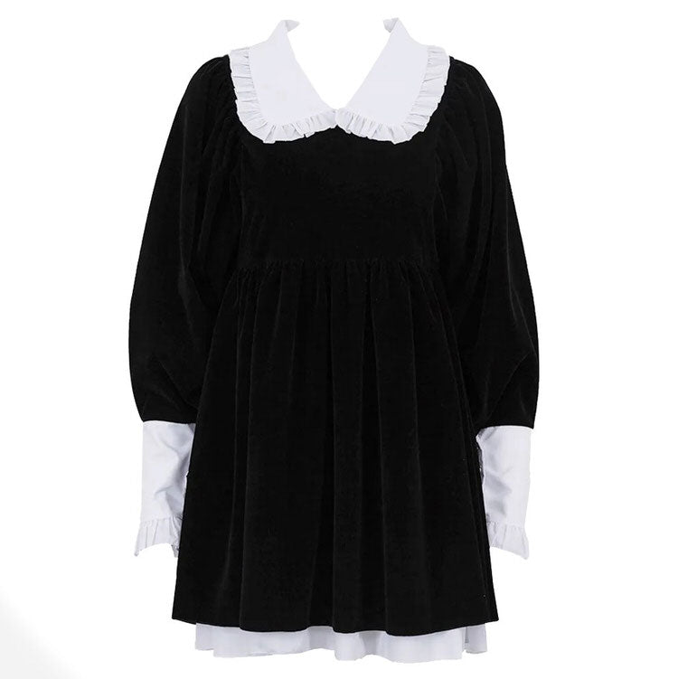 VILZSTUDIOS Chic velvet collar mini dress with puff sleeves