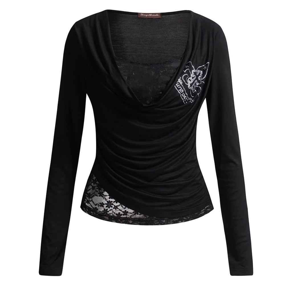VILZSTUDIOS Stylish Y2K lace top with draped design