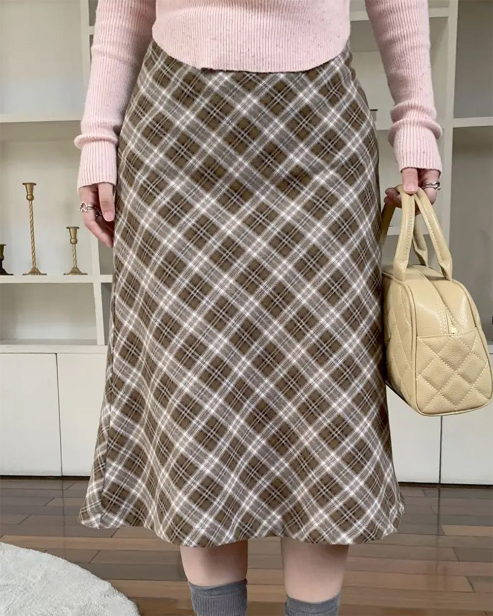 VILZSTUDIOS Plaid A-line midi skirt for trendy fashion