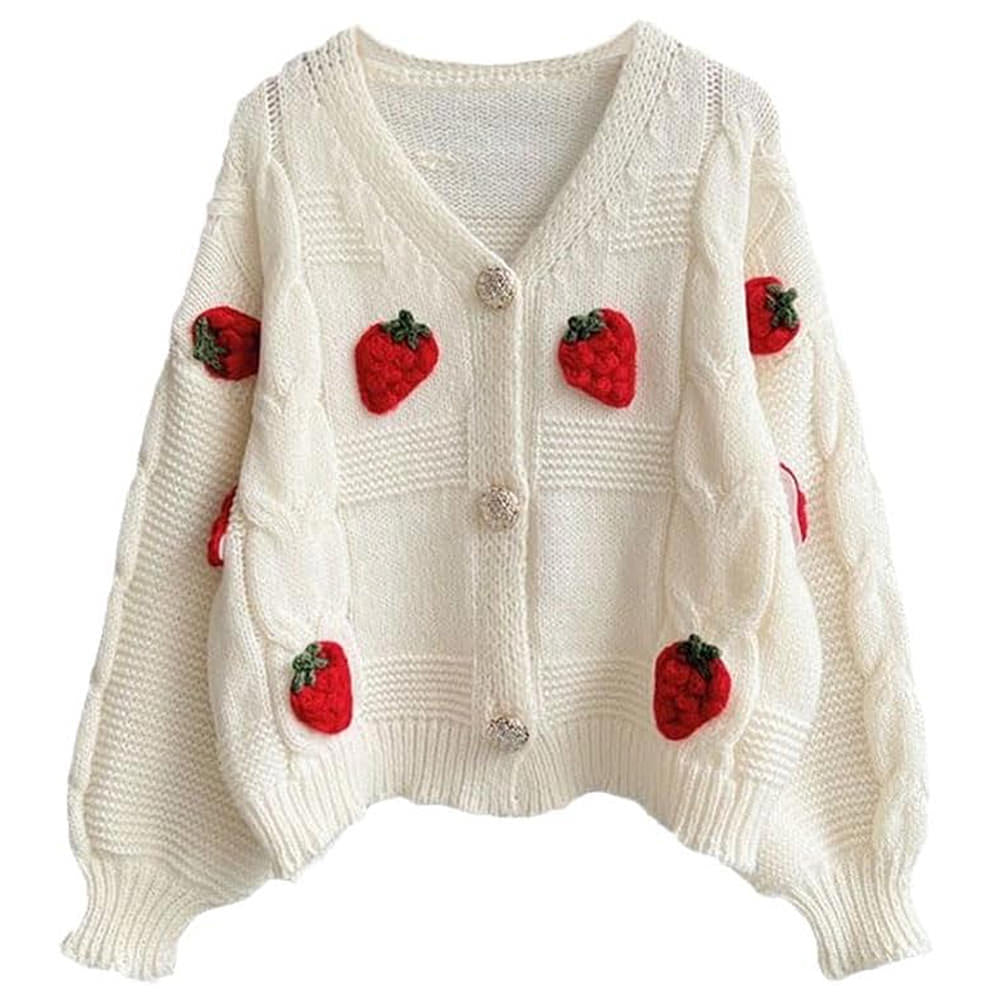 VILZSTUDIOS Stylish chunky knit cardigan with 3D strawberry design