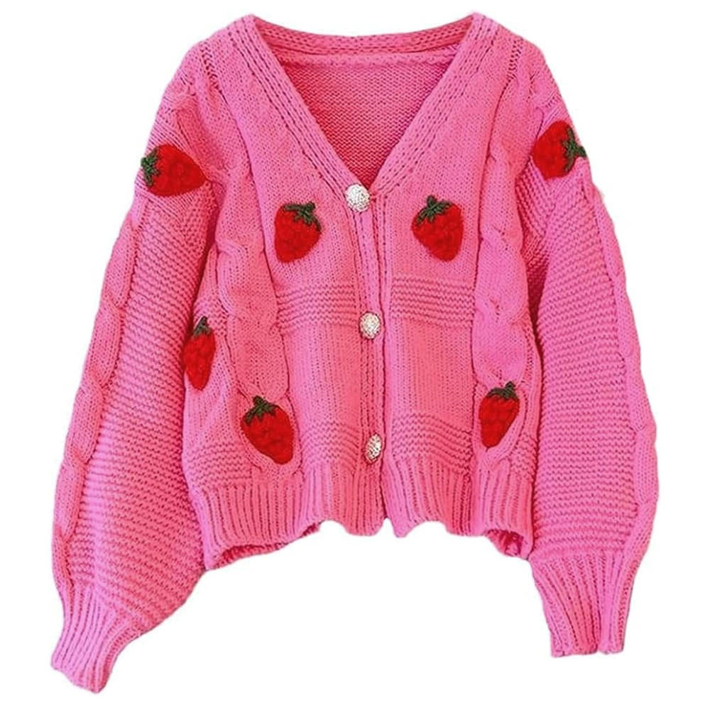 VILZSTUDIOS Stylish chunky knit cardigan with 3D strawberry design