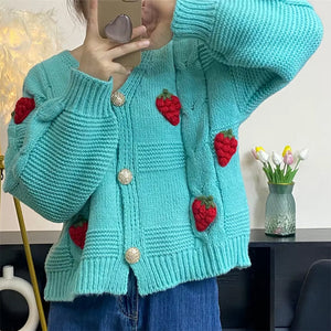 VILZSTUDIOS Stylish chunky knit cardigan with 3D strawberry design