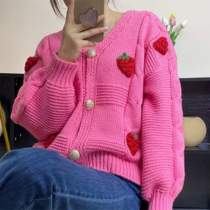 VILZSTUDIOS Stylish chunky knit cardigan with 3D strawberry design