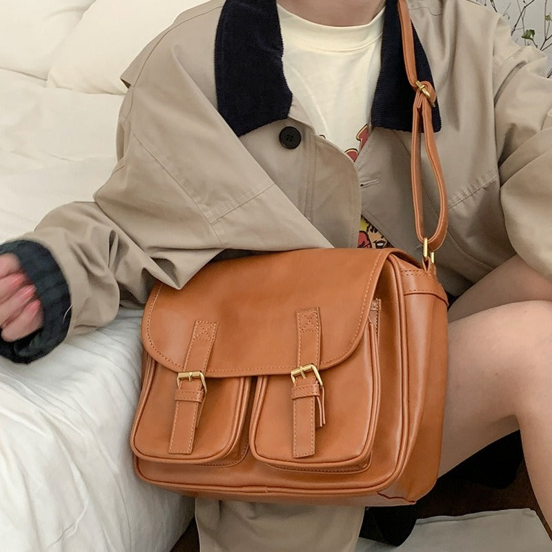 VILZSTUDIOS cognac faux leather satchel bag with gold-tone hardware