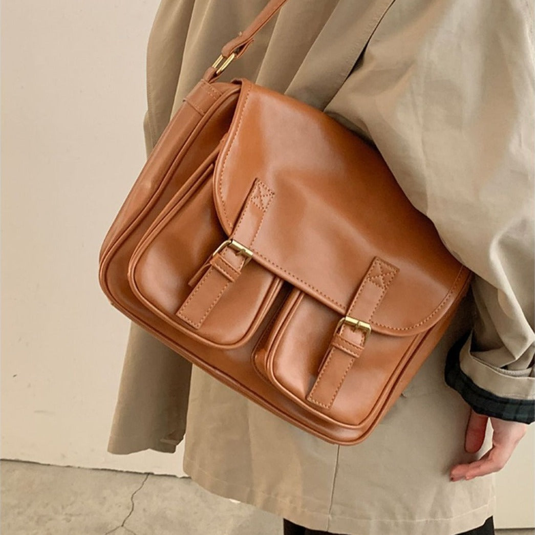VILZSTUDIOS cognac faux leather satchel bag with gold-tone hardware