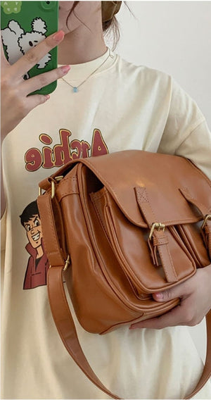 VILZSTUDIOS cognac faux leather satchel bag with gold-tone hardware