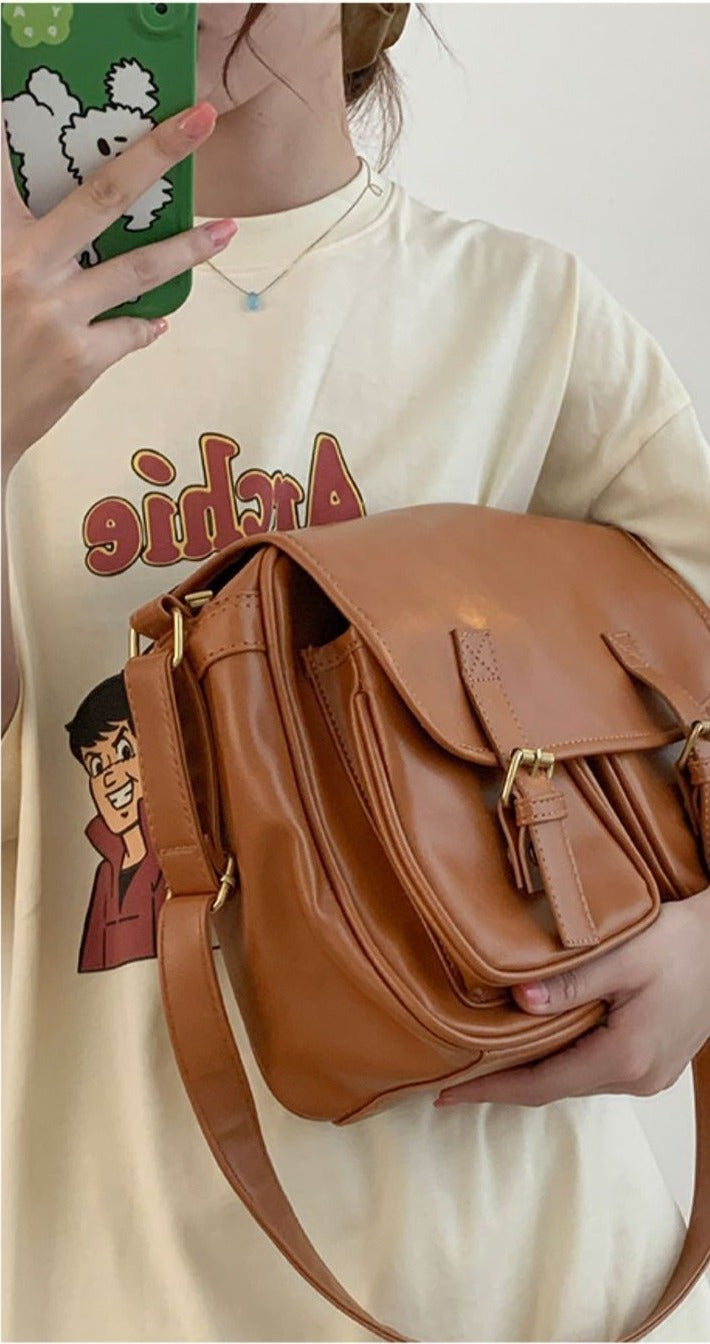 VILZSTUDIOS cognac faux leather satchel bag with gold-tone hardware