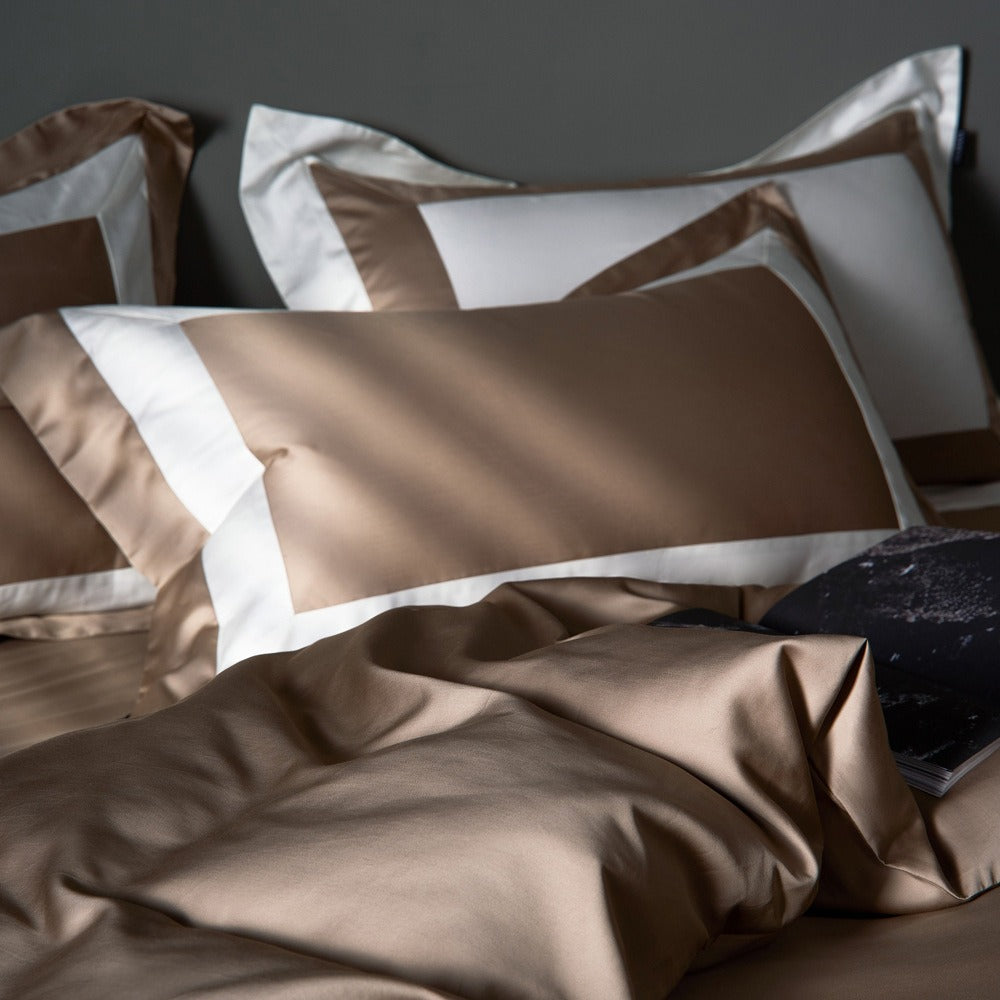 VILZSTUDIOS neutral two-tone contrast border duvet cover set with tailored flange edges