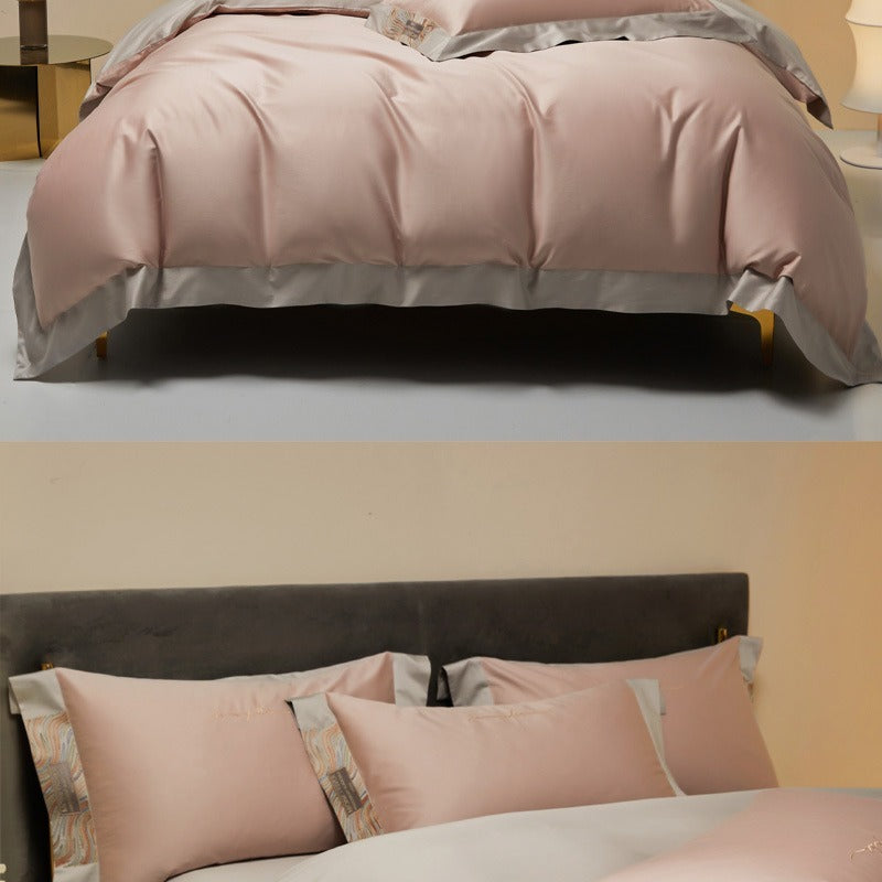 VILZSTUDIOS two-tone satin bedding set with broad contrasting borders and script embroidery